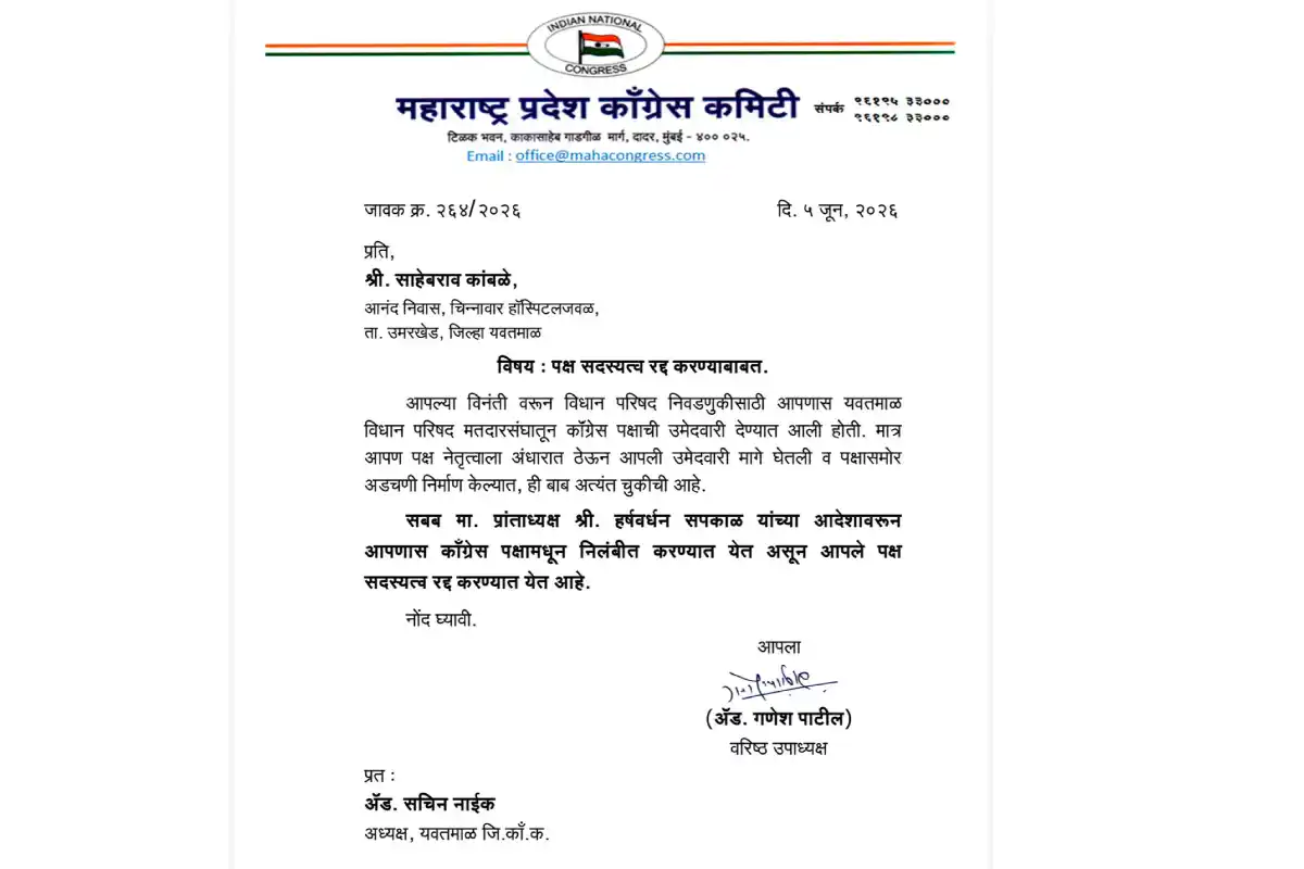 Congress expels candidates Yavatmal Chandrapur Vidhan Parishad election: विधान परिषद चुनाव में नामांकन वापस लेने पर कांग्रेस ने दो नेताओं को पार्टी से निकाला